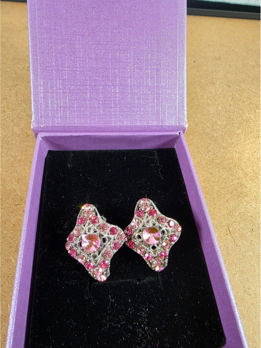 Silver-Tone Pink Rhinestone Clip-On Earrings Vintage Style